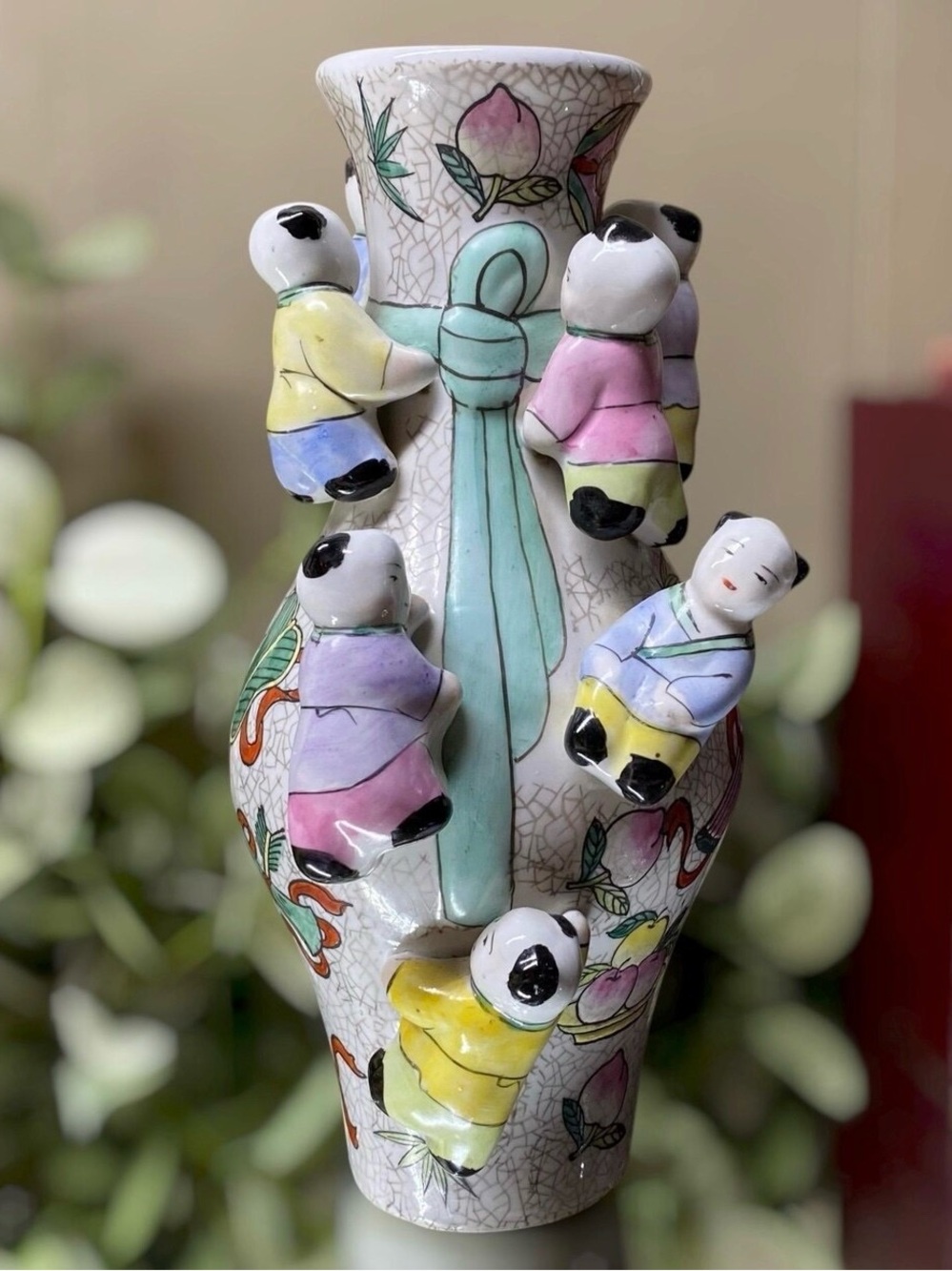 Vintage Chinese Fertility Crackle Vase 7 Boys 9 3/4” Tall